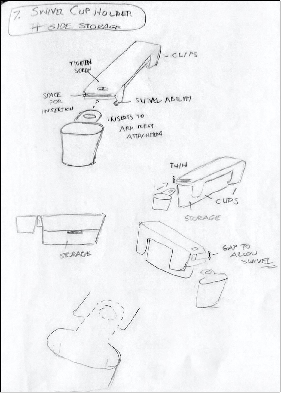 Sketch of a swivel cup and on-armrest storage mechanism.